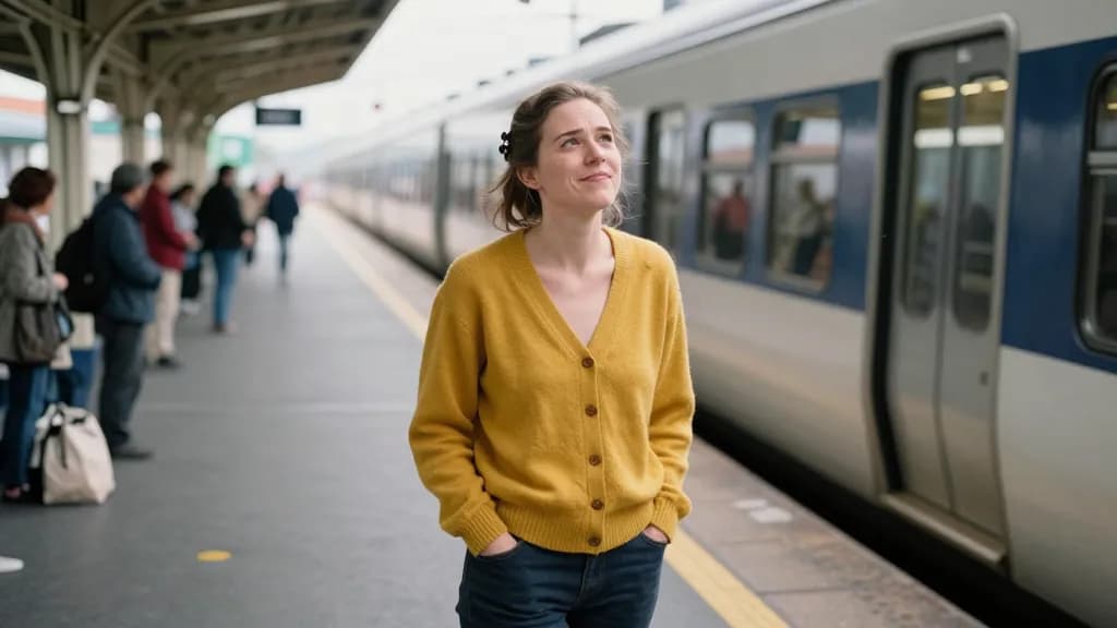 A white woman in her thirties with hair in a claw clip is standing on a station platform beside a stopped train with the doors closed and other passengers wa…