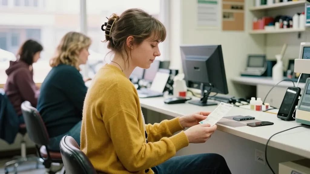 A white woman in her thirties with hair in a claw clip is sitting in a phone repair shop waiting area with a ticket in one hand, a counter of devices behind…
