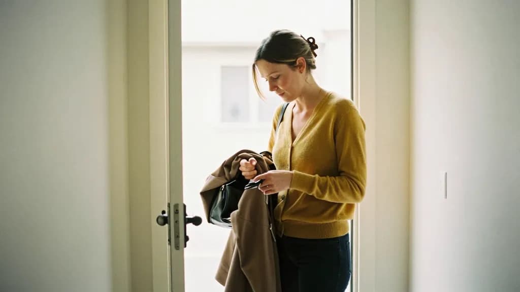 A white woman in her thirties with hair in a claw clip is standing in a hallway checking a bag before leaving, coat on and keys already in her hand, the fron…