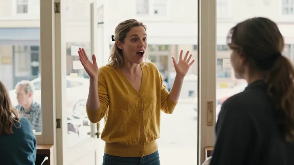 A white woman in her thirties with hair in a claw clip is standing in a café doorway greeting a friend she has not seen in years, both of them mid recognitio…