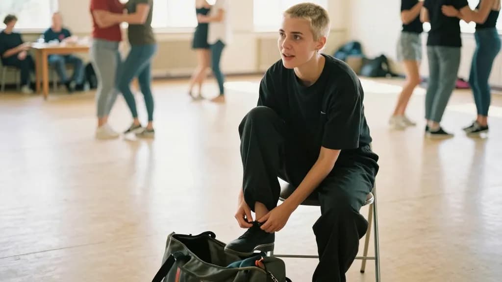 A white woman in her late twenties with cropped bleached hair is standing at the edge of a social dance floor in a community hall changing her shoes, a duffe…