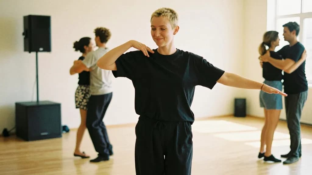 A white woman in her late twenties with cropped bleached hair is dancing in a close hold with a partner mid role-swap, other couples moving around them and a…