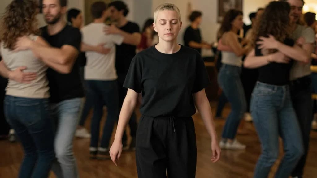 A white woman in her late twenties with cropped bleached hair is in the middle of a crowded floor with couples blurred around her in low light, everyone movi…