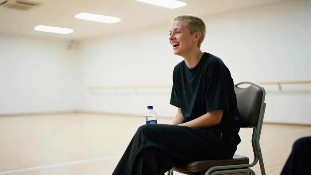 A white woman in her late twenties with cropped bleached hair is sitting on a stack of chairs at the edge of the hall at the end of the night with a water bo…