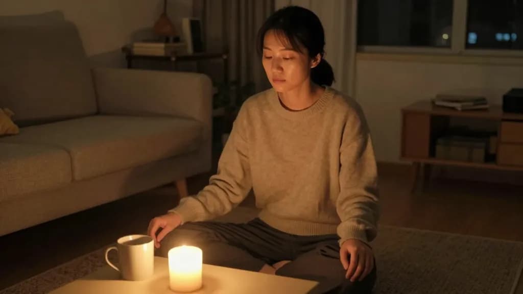 An East Asian woman in her late twenties with hair in a short ponytail is sitting cross-legged on a rug in a small living room at night with a single candle…
