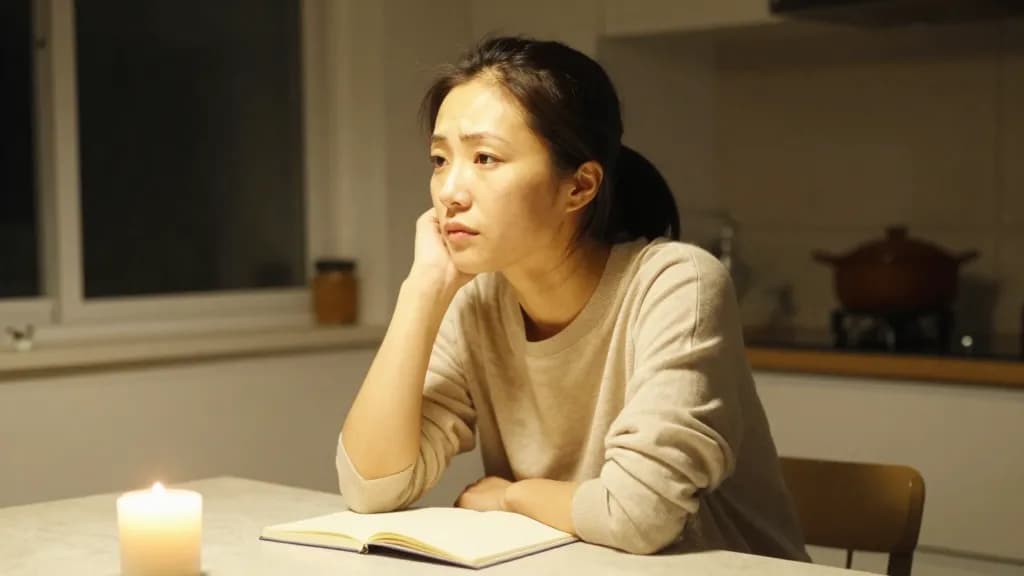 An East Asian woman in her late twenties with hair in a short ponytail is sitting at a kitchen table at night with a small notebook open in front of her and…