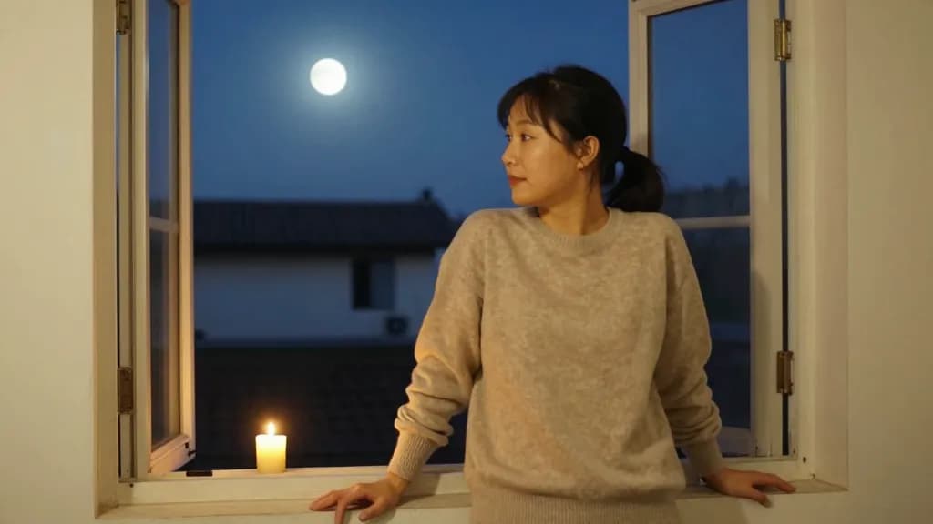 An East Asian woman in her late twenties with hair in a short ponytail is standing at an open window in a dark room with the full moon visible over the rooft…