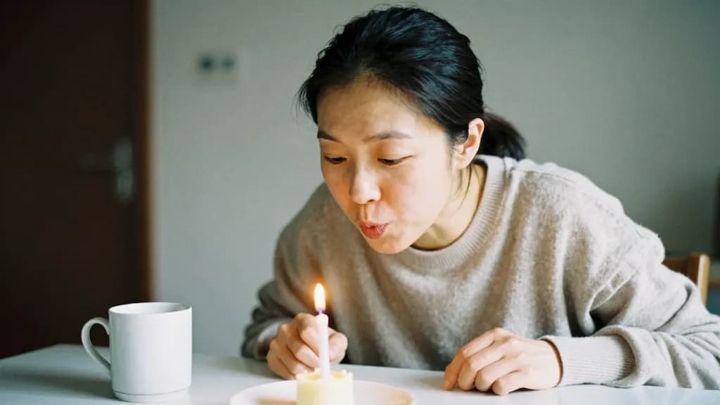 An East Asian woman in her late twenties with hair in a short ponytail is blowing out the candle at the end, the room going dark around her and the mug empty…