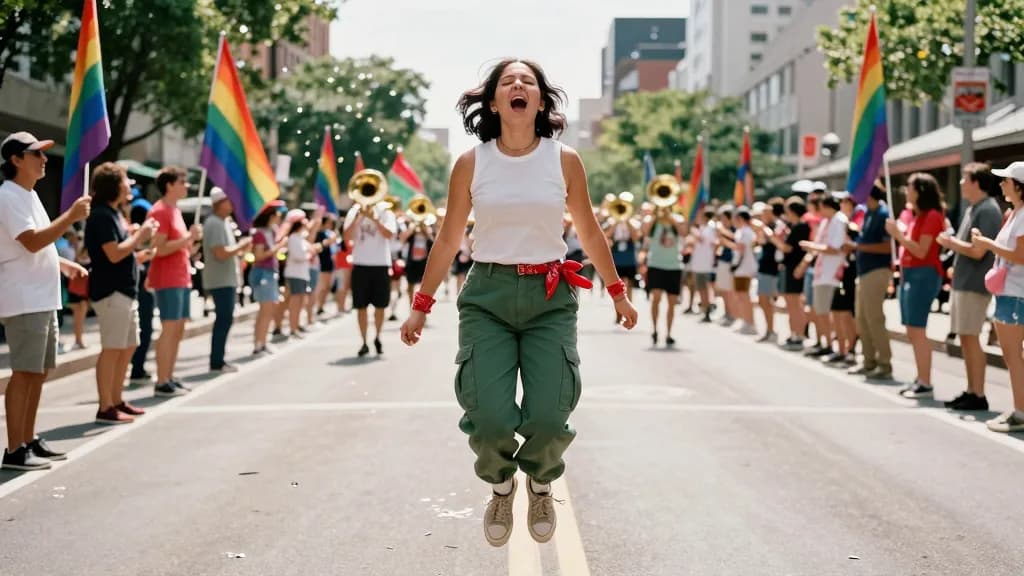 A Latina woman in her early thirties with dark hair cut to the jaw is in the middle of a packed Pride parade on a broad city avenue, confetti drifting over t…