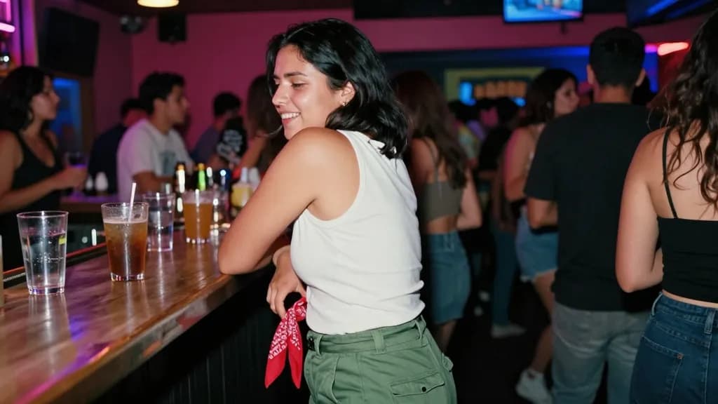 A Latina woman in her early thirties with dark hair cut to the jaw is standing at the crowded bar of a dark neighbourhood club later that night, neon signage…