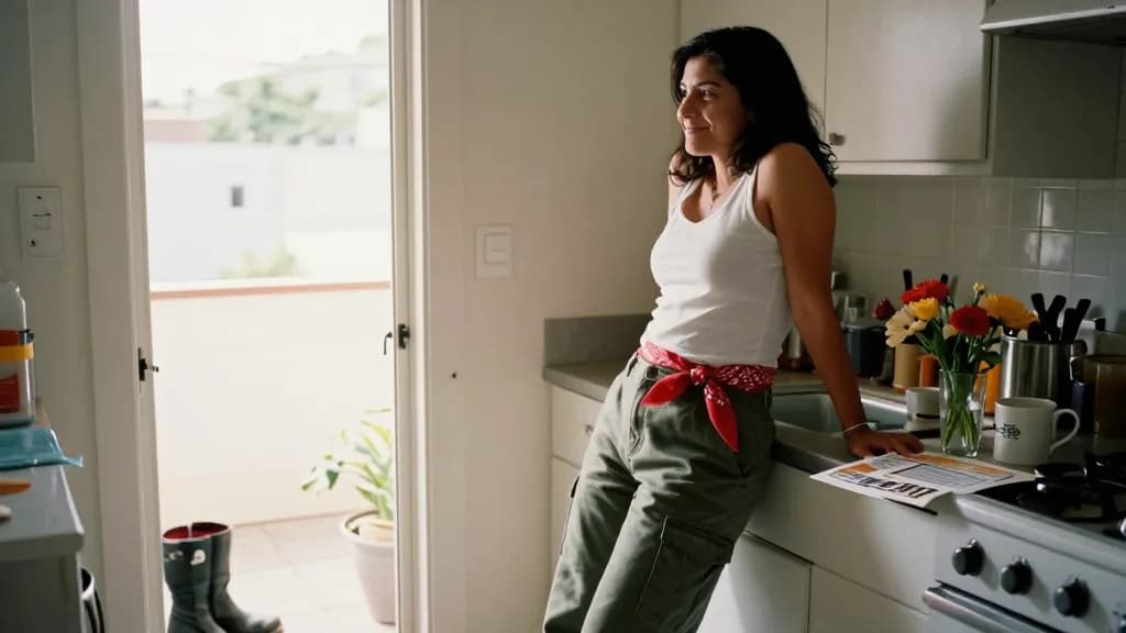A Latina woman in her early thirties with dark hair cut to the jaw is in a small apartment kitchen the next morning, the bandana now tied around a bunch of f…