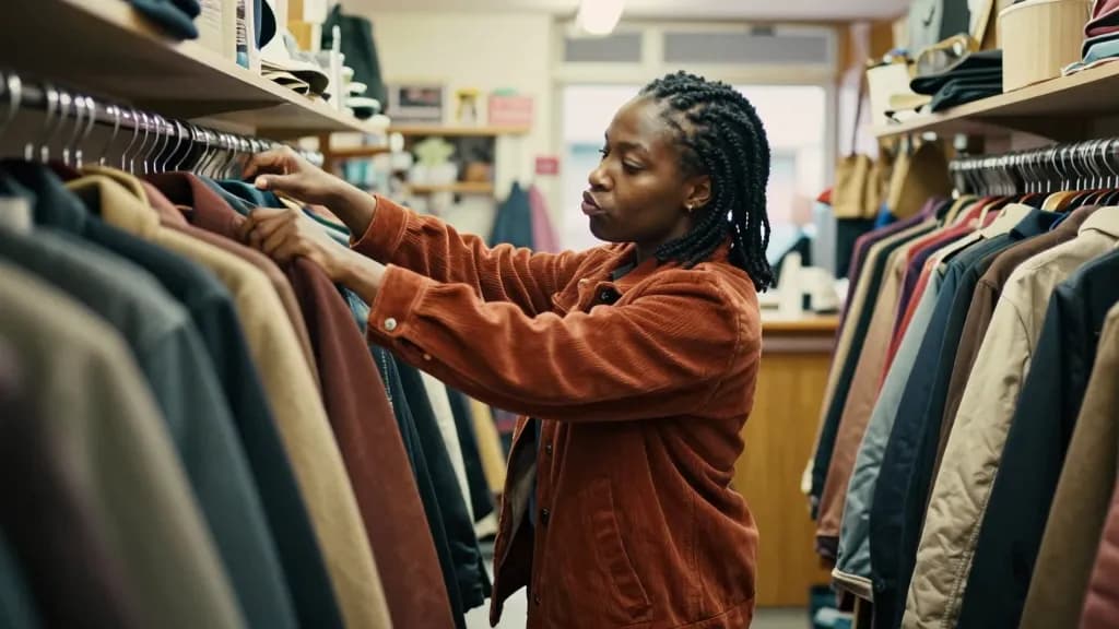 A Black woman in her thirties with braids gathered up is standing in a second-hand shop looking at a rail of coats, the shop cluttered and warm and a counter…
