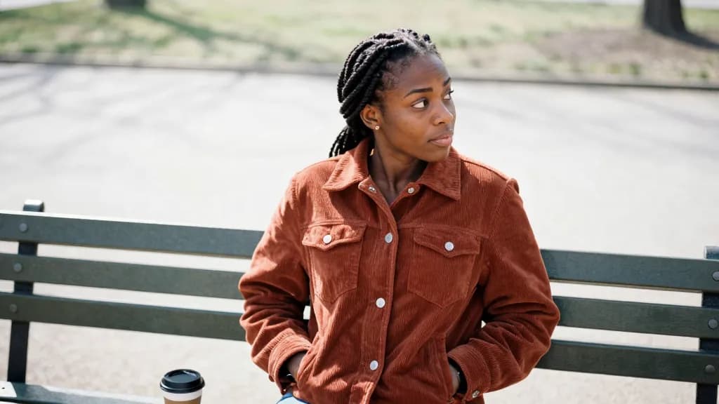 A Black woman in her thirties with braids gathered up is sitting on a park bench with a phone face down beside her, looking out at the path rather than at it…