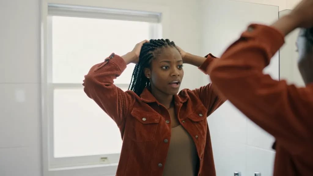 A Black woman in her thirties with braids gathered up is standing in front of a bathroom mirror holding her braids up off her neck with both hands, consideri…