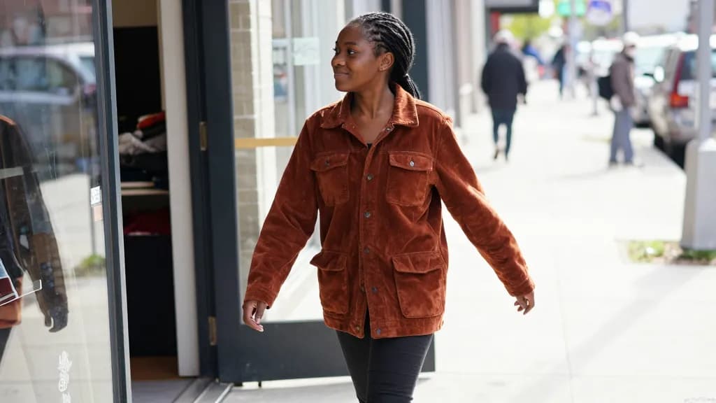 A Black woman in her thirties with braids gathered up is walking out of the second-hand shop into a bright street without the coat, the door swinging behind…