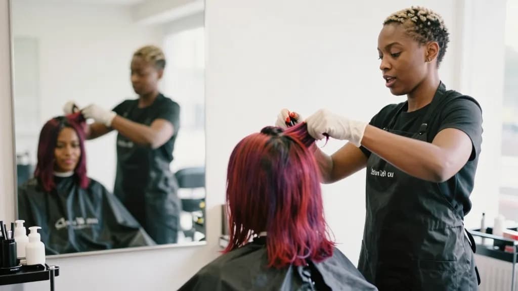 A Black woman in her thirties with short bleached hair is working a vivid colour through a client's hair with gloved hands, foils on the trolley beside her a…