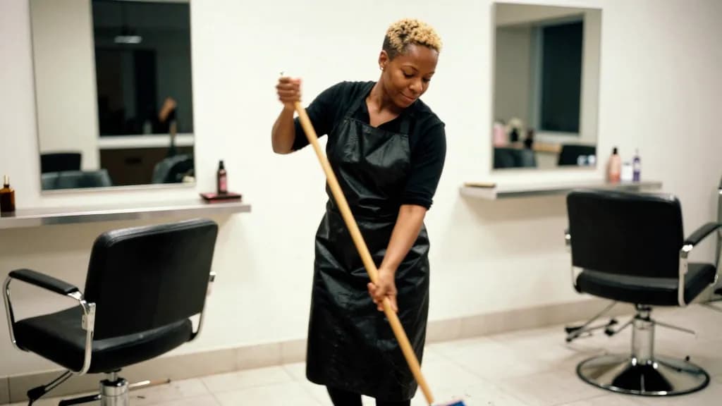 A Black woman in her thirties with short bleached hair is sweeping cut hair from the salon floor at the end of the day, the chairs empty and the mirrors refl…