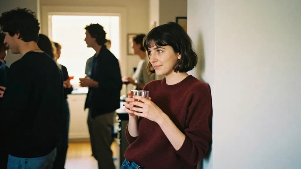 A white woman in her early thirties with dark bobbed hair is standing at the edge of a busy house party holding a glass low, people in loose groups around he…
