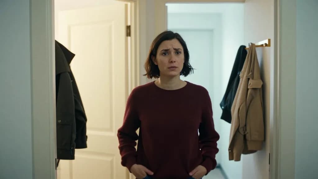 A white woman in her early thirties with dark bobbed hair is standing in a hallway between two open doorways with a different scene in each, a coat rack load…