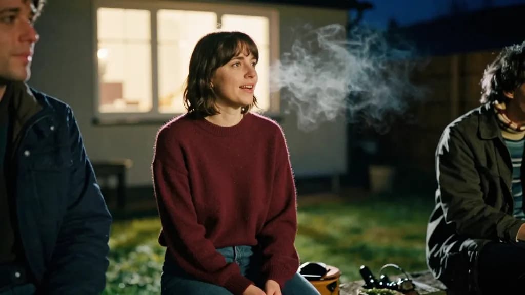 A white woman in her early thirties with dark bobbed hair is sitting on a low garden wall outside the party in the cold with one other person, the house lit…