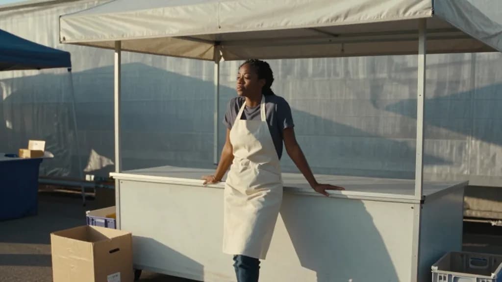 A Black woman in her late twenties with braids tied up is standing behind a brand new market stall before opening, the awning just raised and stock still in…