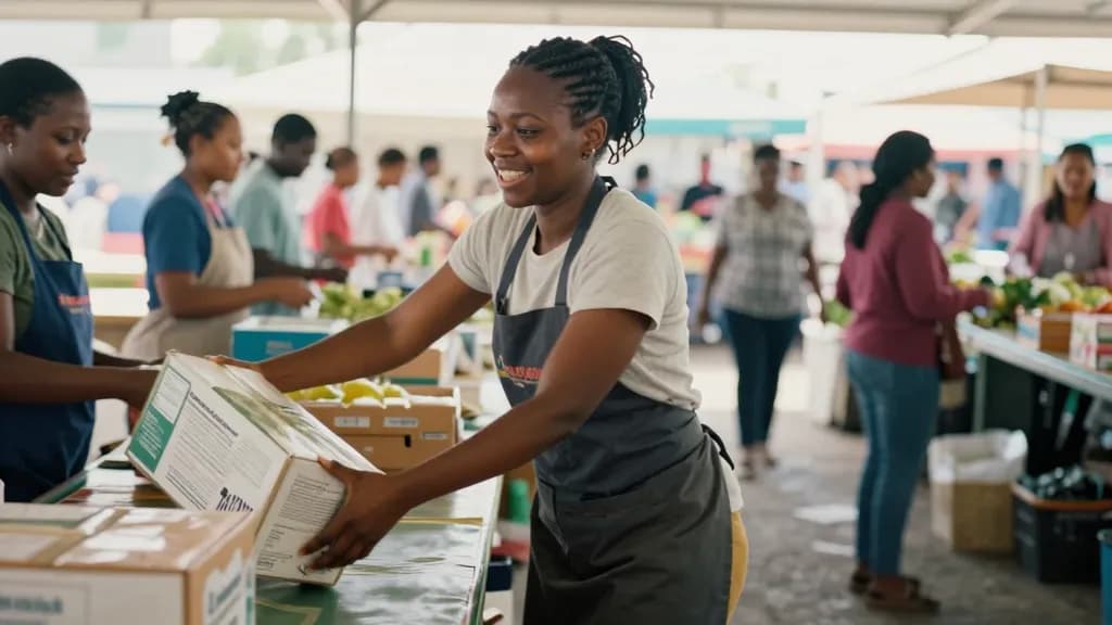 A Black woman in her late twenties with braids tied up is unpacking boxes onto the stall counter as the market fills around her, other traders setting up and…