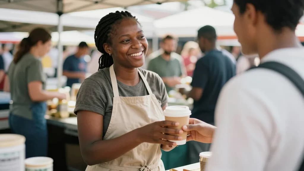 A Black woman in her late twenties with braids tied up is standing at the stall talking to her partner who has brought her a coffee, the market now busy behi…