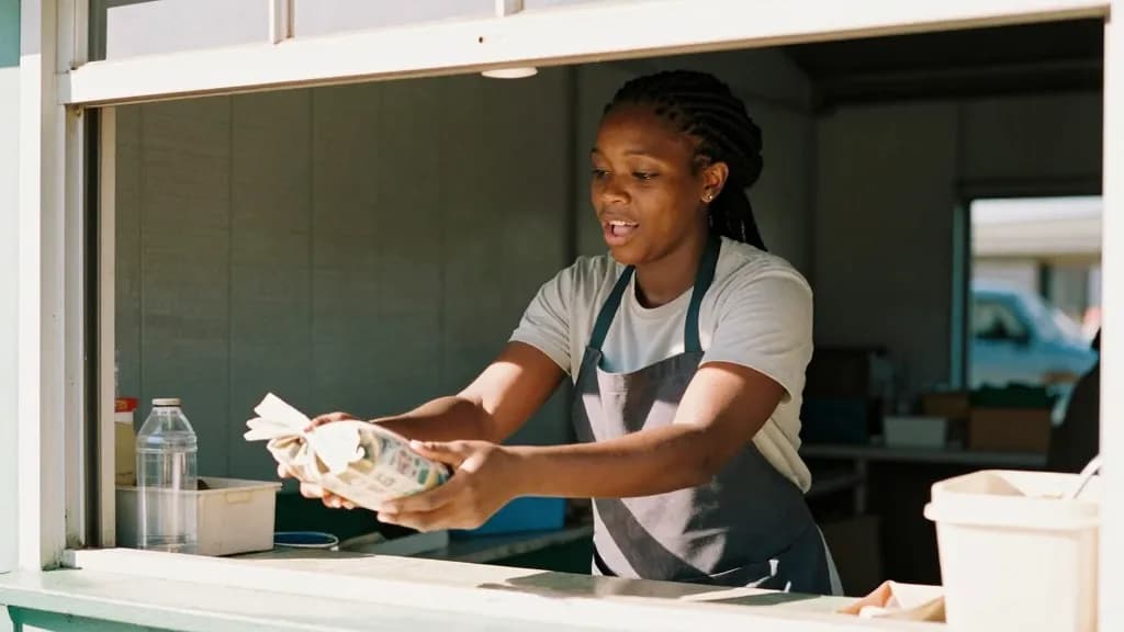 A Black woman in her late twenties with braids tied up is serving her first customer across the counter, taking something and handing it over, the stall now…