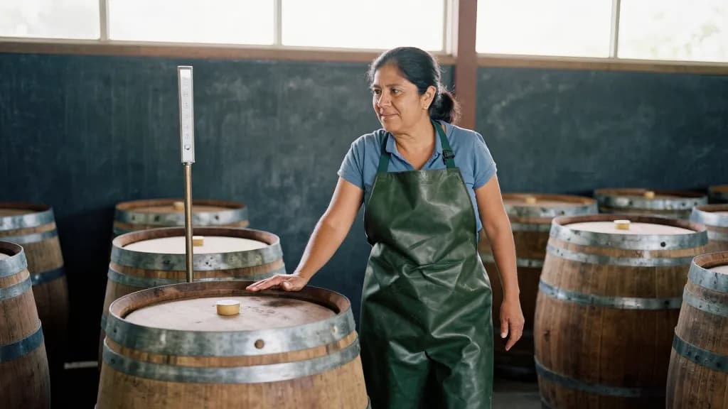 A Latina woman in her forties with dark hair tied back is standing in a small cider press building among rows of oak barrels, a hydrometer stand and a chalk-…