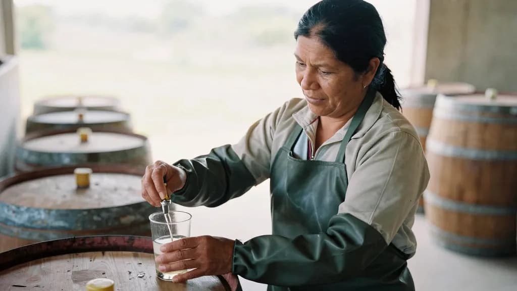 A Latina woman in her forties with dark hair tied back is drawing a sample from a barrel into a glass held low, the barrel row running away behind her