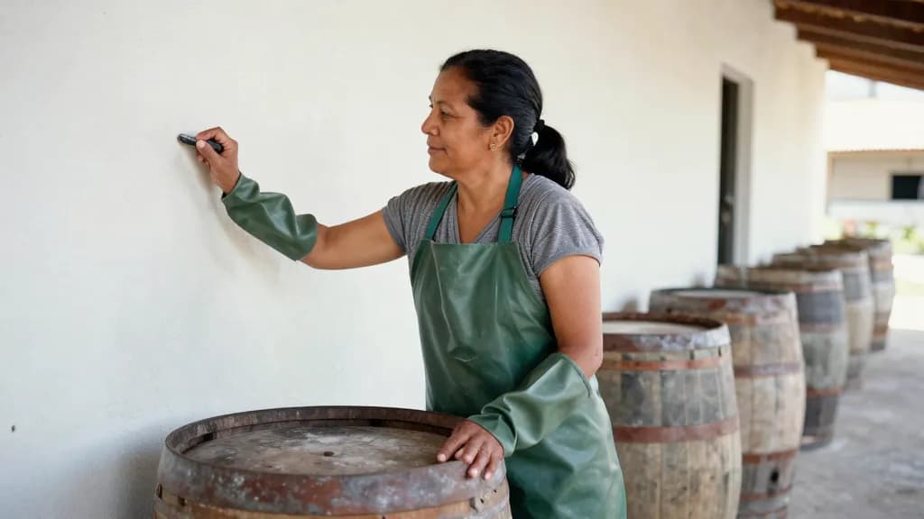 A Latina woman in her forties with dark hair tied back is chalking nothing on a slate beside a barrel, hand raised and the row stretching away, the building…