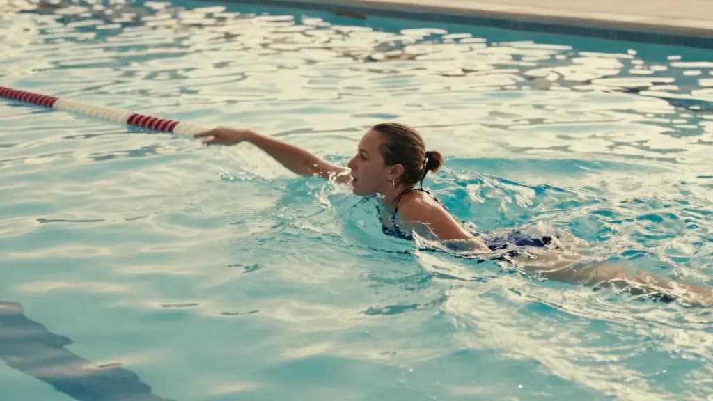 A white woman in her twenties with hair in a short ponytail is swimming a length mid stroke with the lane rope beside her and the pool otherwise quiet