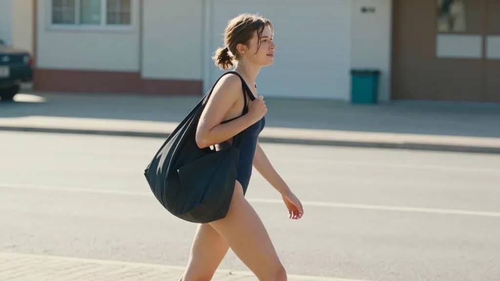 A white woman in her twenties with hair in a short ponytail is walking out of the pool building into cold bright morning air with wet hair and a kit bag, the…