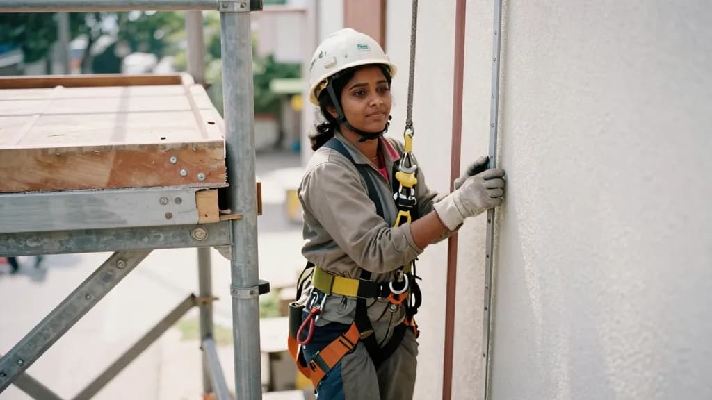 A South Asian woman in her thirties with hair under a hard hat is standing on a scaffold lift beside a building facade checking a coupler, the platform board…
