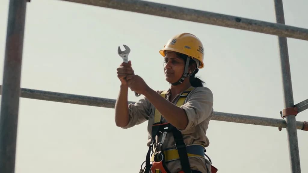 A South Asian woman in her thirties with hair under a hard hat is tightening a fitting with a spanner on the scaffold, tubes running away in a grid around her