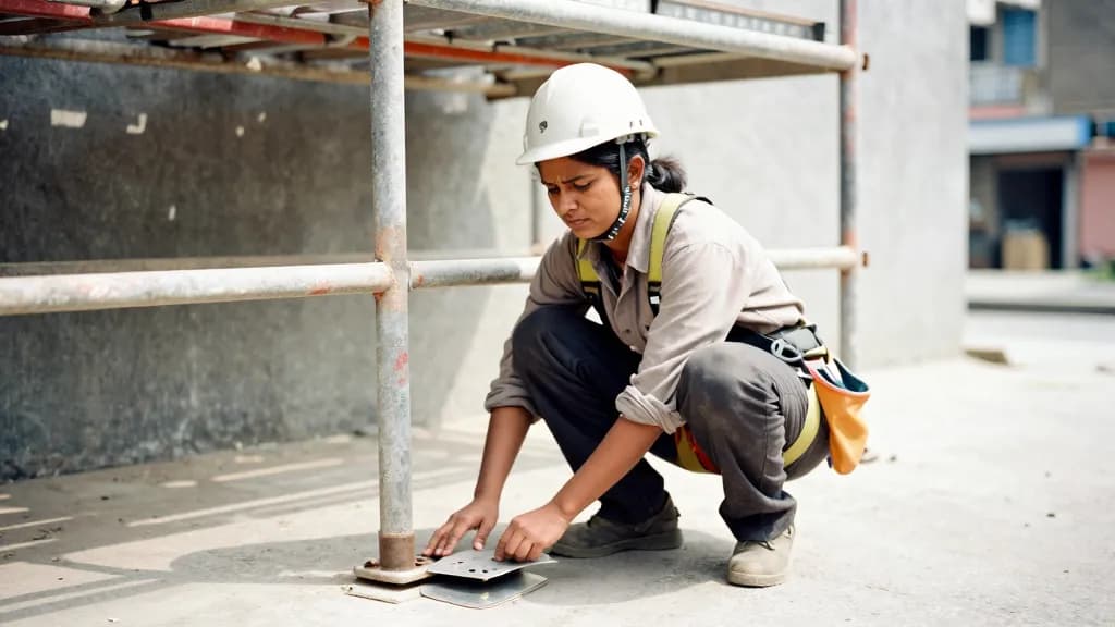 A South Asian woman in her thirties with hair under a hard hat is crouched at the foot of the scaffold at ground level checking a base plate on the pavement,…