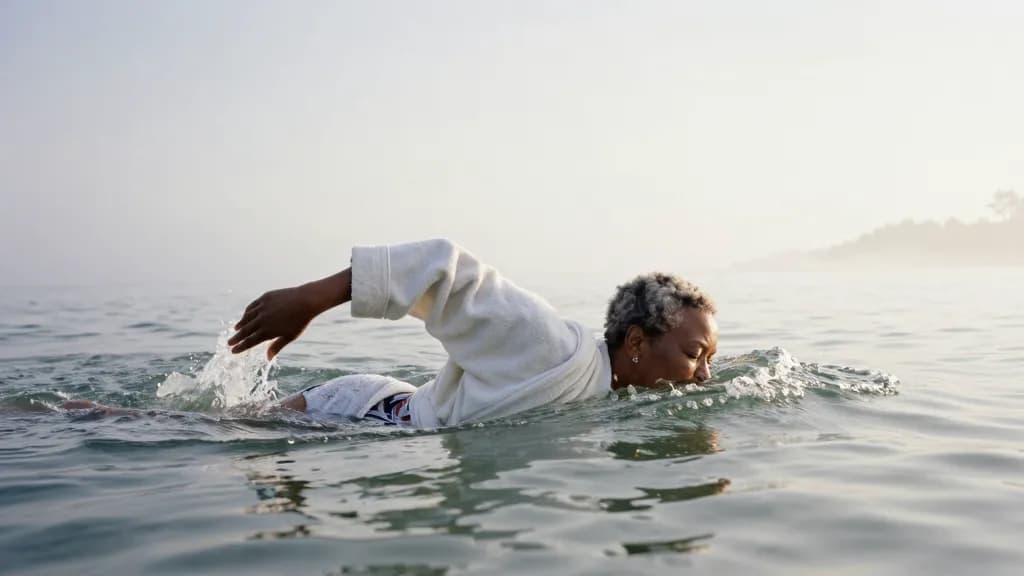 A Black woman in her fifties with short grey-flecked hair is swimming steadily out from the shore with only her head and shoulders visible, the beach empty b…