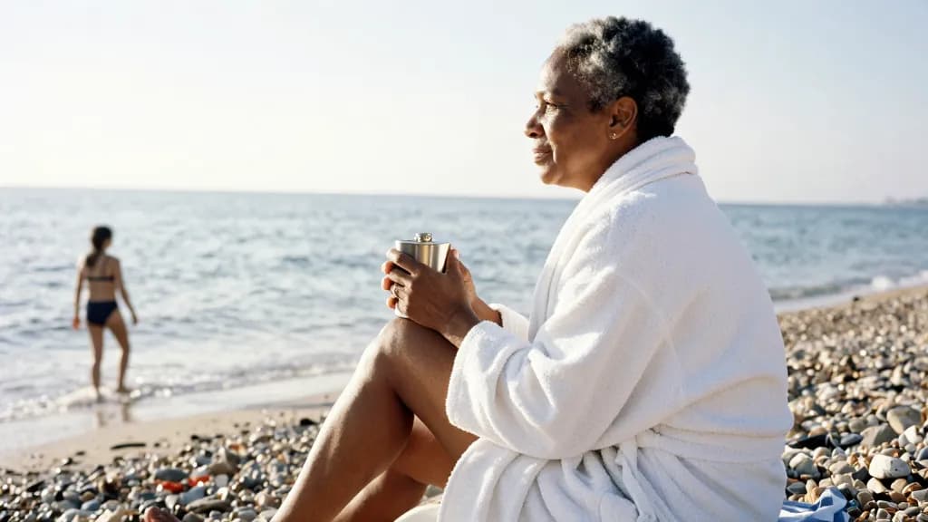 A Black woman in her fifties with short grey-flecked hair is sitting on the shingle afterwards wrapped in the robe with a flask cup, one other swimmer furthe…