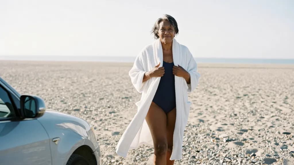 A Black woman in her fifties with short grey-flecked hair is walking back up the shingle toward a parked car with the towel over her shoulder and her hair we…