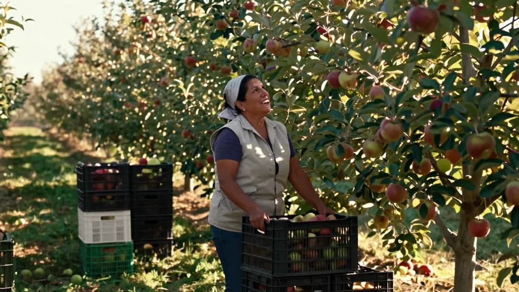 A Latina woman in her fifties with hair in a headscarf is standing in a heavily laden apple orchard in autumn with crates stacked along the row and fruit wei…