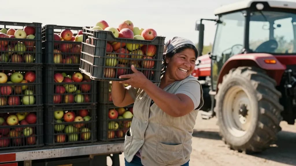 A Latina woman in her fifties with hair in a headscarf is lifting a full crate of apples onto a trailer with both arms, more crates stacked behind her and th…