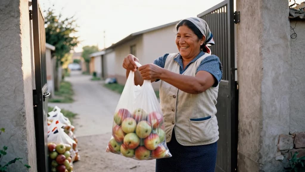A Latina woman in her fifties with hair in a headscarf is handing a full bag of apples over a gate to a neighbour, more bags lined up on the wall beside her