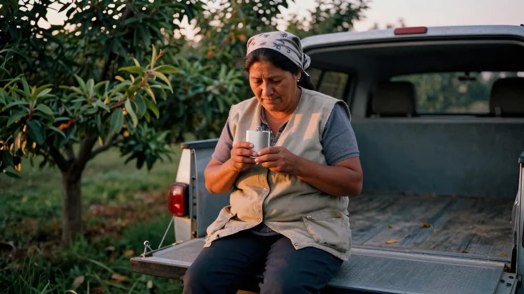 A Latina woman in her fifties with hair in a headscarf is sitting on the tailgate of a loaded trailer at dusk with a flask cup, the picked orchard behind her…