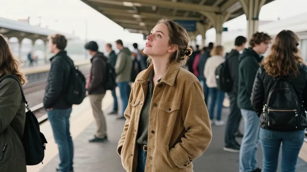 A white woman in her thirties with hair in a claw clip is standing on a station platform among commuters looking up at something above the crowd, everyone el…