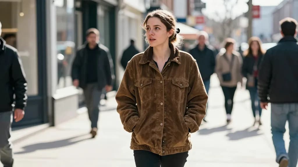 A white woman in her thirties with hair in a claw clip is walking a busy pavement mid morning with shopfronts and passers-by around her, clearly registering…
