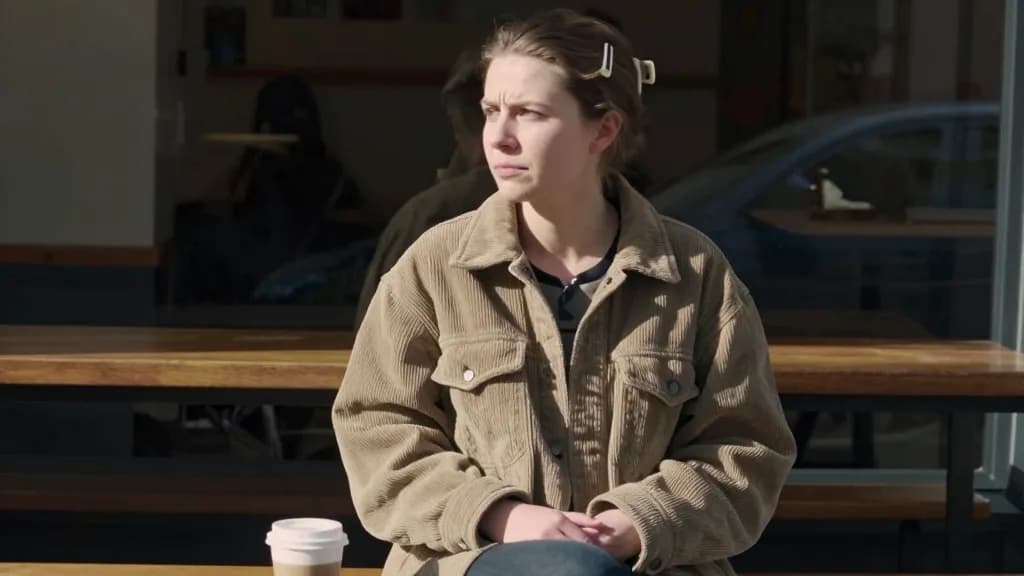 A white woman in her thirties with hair in a claw clip is sitting on a bench outside a café with a coffee going cold beside her, looking at nothing in partic…