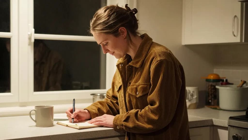 A white woman in her thirties with hair in a claw clip is standing at a kitchen counter in the evening writing in a small notebook, a mug beside it and the w…