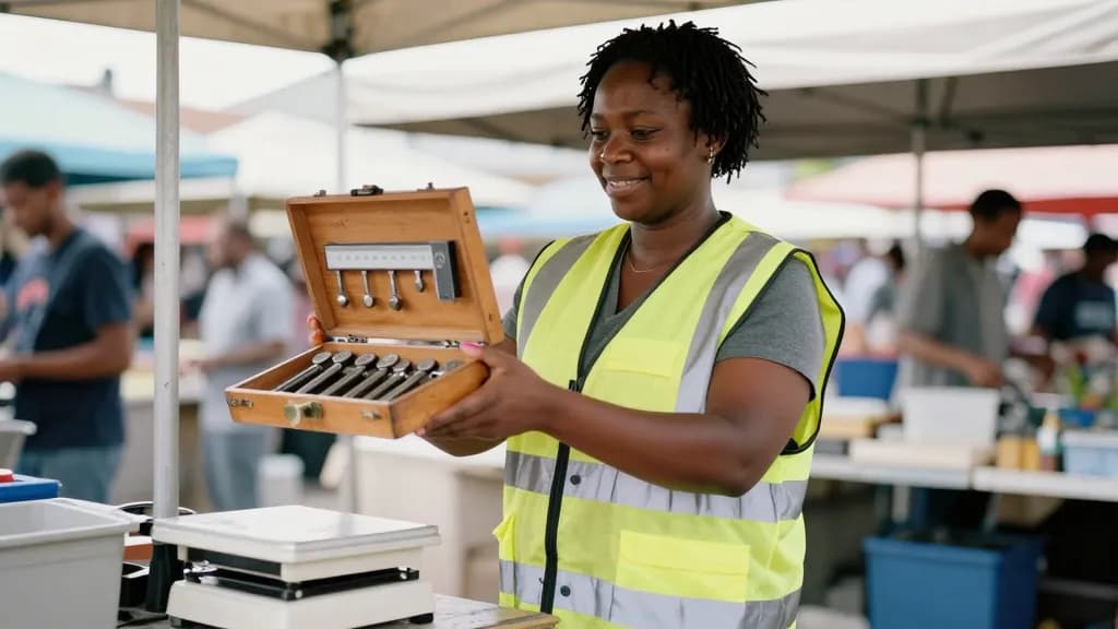 A Black woman in her thirties with short twists is standing at a market stall holding a set of calibration weights in a wooden case, the trader's scales on t…