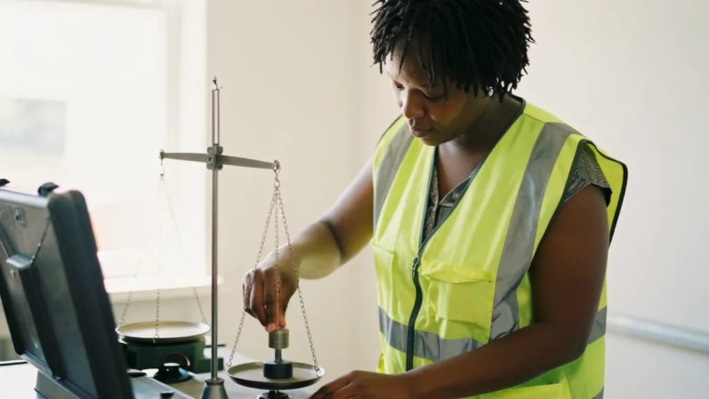 A Black woman in her thirties with short twists is placing a calibration weight onto the pan of the trader's scales with one hand, the case open on the count…