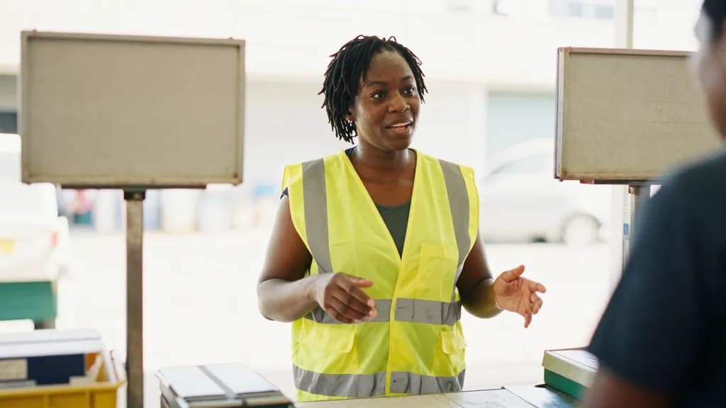 A Black woman in her thirties with short twists is standing back from the counter talking to the stallholder, the scales between them and the case closed